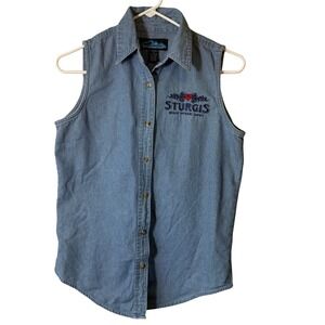 Vintage Sturgis Bike Week 2007 Sleeveless Denim Shirt Womens Small Blue Cotton